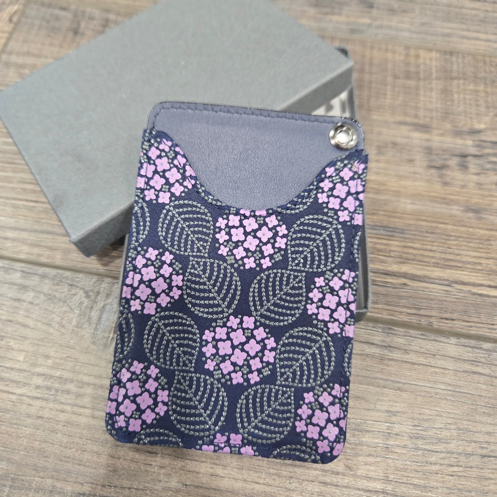 Floral ID Card Holder Wallet Navy Blue Purple Leaf Pattern Slim Case